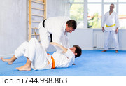Karate sensei working out fighting techniques in kumite with young guy. Стоковое фото, фотограф Яков Филимонов / Фотобанк Лори