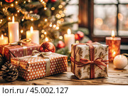Gift boxes and a fir tree on the table in the home interior of the living room. A cozy concept for Christmas and winter holidays in 2025. Preparing gifts for loved ones. Стоковое AI-изображение, AI-художник Photojuli / Фотобанк Лори