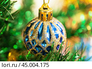 Яркий синий шар на ветке новогодней елки. Крупный план. Christmas and New Year holiday background. Стоковое фото, фотограф Лариса Гордеева / Фотобанк Лори