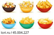 Colorful bowls filled with various snacks, including popcorn, tortilla chips, and star-shaped crackers, perfect for gatherings. Стоковое AI-изображение, AI-художник Сергей Толмачёв / Фотобанк Лори