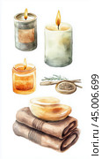 Hand-painted candles and spa essentials arranged with cozy towels and calming fragrances in a serene setting. Стоковое AI-изображение, AI-художник Сергей Толмачёв / Фотобанк Лори