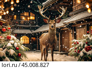 A red deer with big horns in snowy weather on the background of a Christmas tree, wooden houses and New Year's lights. Стоковое AI-изображение, AI-художник Photojuli / Фотобанк Лори