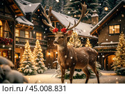 A red deer with big horns in snowy weather on the background of a Christmas tree, wooden houses and New Year's lights. Стоковое AI-изображение, AI-художник Photojuli / Фотобанк Лори