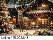 A red deer with big horns in snowy weather on the background of a Christmas tree, wooden houses and New Year's lights. Стоковое AI-изображение, AI-художник Photojuli / Фотобанк Лори
