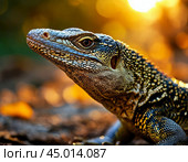 Monitor lizard (Varanidae), a family of large lizards. Fossil remains of giant (up to 10 m long) ancestral forms are known from the Pleistocene. Body length up to 3 m (Komodo monitor lizard), usually about 1 m. Стоковое AI-изображение, AI-художник Сергей Елизарьев / Фотобанк Лори