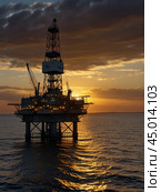 Offshore oil rig extracting oil against the backdrop of sunset. Стоковое AI-изображение, AI-художник Сергей Елизарьев / Фотобанк Лори