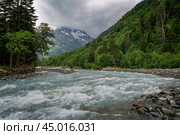 View of the Psysh River and the Amanauz-Bashi Mountain of the Northern Caucasus Mountains near the village of Arkhyz on a sunny summer day, Karachay-Cherkessia, Russia. Стоковое фото, фотограф Ula Ulachka / Фотобанк Лори