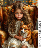 Little girl with a Pembroke Welsh Corgi. Стоковое AI-изображение, AI-художник Сергей Елизарьев / Фотобанк Лори