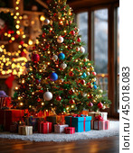 New Year gifts in bright shiny holiday boxes under the New Year tree. New Year and Christmas. Стоковое AI-изображение, AI-художник Сергей Елизарьев / Фотобанк Лори