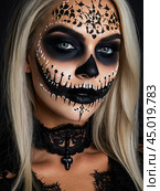 Scary Halloween makeup on a woman's face in the form of a skull, a corpse. Halloween Party. AI generated. Стоковое AI-изображение, AI-художник Ольга Симонова / Фотобанк Лори