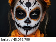 Scary Halloween makeup on a woman's face in the form of a skull, a corpse. Halloween Party. AI generated. Стоковое AI-изображение, AI-художник Ольга Симонова / Фотобанк Лори