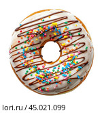 Delicious donut covered with white icing and sprinkles is lying on white background. Стоковое AI-изображение, AI-художник Иван Рябоконь / Фотобанк Лори