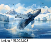 Кит на фоне айсбергов. Стоковое AI-изображение, AI-художник Николай Гернет / Фотобанк Лори