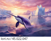 Нарвал в воде на фоне льдин. Стоковое AI-изображение, AI-художник Николай Гернет / Фотобанк Лори