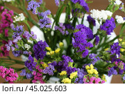 Bouquet of multicolored flowers in a vase (Limonium sinuatum, Statice sinuata) on a green background. Стоковое фото, фотограф Ирина Вершинская / Фотобанк Лори