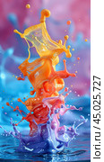 Paint Splash Effect. multicolor paint spilled out, creating an interesting abstract drawing, a pattern of lines, halftones, causing different associations in your design. fluid art, vertical design. Стоковое AI-изображение, AI-художник Ирина Михайличенко / Фотобанк Лори