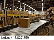 Cardboard box moving on conveyor belt in distribution warehouse. Стоковое AI-изображение, AI-художник Иван Рябоконь / Фотобанк Лори