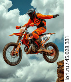 Racer. Motocross is a type of motorcycle sport, a race on special sports motorcycles, held on rough terrain on a closed track with natural (in the form of steep climbs, descents, turns, ditches, sand, etc.) and artificial (tables, jumps , track bridges) obstacles. Стоковое AI-изображение, AI-художник Сергей Елизарьев / Фотобанк Лори