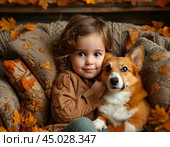 Little girl with a Pembroke Welsh Corgi. Стоковое AI-изображение, AI-художник Сергей Елизарьев / Фотобанк Лори