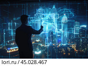 Architect using touch screen to design futuristic holographic city skyline. Стоковое AI-изображение, AI-художник Иван Рябоконь / Фотобанк Лори