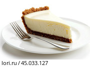 Delicious Slice of Creamy Cheesecake Delightfully Presented on a Plate. Sweet dessert. Close-up. Indulge in a tempting slice of rich cheesecake, featuring a delightful and crumbly graham cracker crust. Стоковое AI-изображение, AI-художник Марина Демидюк / Фотобанк Лори
