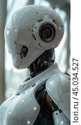 Smart robotic assistant, white human-like robot. Artificial intelligence in humanoid head. Generative bot for creating ideas, editing, searching for questions. Internet and information technology. Стоковое AI-изображение, AI-художник Ирина Михайличенко / Фотобанк Лори