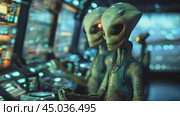aliens inside alien spaceship with many monitors and sensors. Стоковое AI-видео, аниматор Margarita Davchenko / Фотобанк Лори