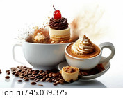 Cup of hot strong coffee with chocolate candies and ice cream on a white background. Стоковое AI-изображение, AI-художник Сергей Елизарьев / Фотобанк Лори