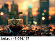 Small plant growing in glass vase on rooftop with city skyline in background. Стоковое AI-изображение, AI-художник Иван Рябоконь / Фотобанк Лори