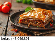 Enjoying delicious slice of burek pastry. Стоковое AI-изображение, AI-художник Иван Рябоконь / Фотобанк Лори