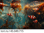 Ocellaris clownfish swimming through kelp forest in aquarium. Стоковое AI-изображение, AI-художник Иван Рябоконь / Фотобанк Лори