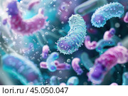 Microscopic view of bacteria floating. Стоковое AI-изображение, AI-художник Иван Рябоконь / Фотобанк Лори