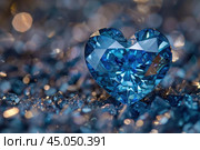 Large faceted blue diamond heart shape sitting on shiny crystals. Стоковое AI-изображение, AI-художник Иван Рябоконь / Фотобанк Лори