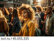 Portrait of a curly-haired beautiful mulatto traveler in a yellow jacket and with a backpack in the city. Traveling alone is a lifestyle. A young tourist is enjoying his autumn vacation. Стоковое AI-изображение, AI-художник Photojuli / Фотобанк Лори