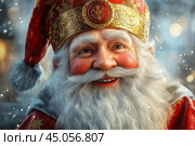 Happy Saint Nicholas Day. St.Nicolas holding gift. Winter holiday. Стоковое AI-изображение, AI-художник Ирина Ручушкина / Фотобанк Лори