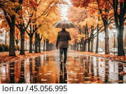 Rainy autumn weather. A man under an umbrella walks along an autumn alley in the park. Стоковое AI-изображение, AI-художник Photojuli / Фотобанк Лори