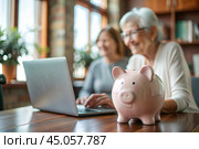 Pension. Saving money. Savings. Piggy bank in the form of a pig in close-up, Calculating the total amount of the budget. An elderly woman learns how to interact with a laptop in online payments, finance, loans, transactions. Стоковое AI-изображение, AI-художник Photojuli / Фотобанк Лори