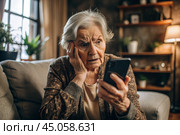 Fraud and deception. A shocked, worried elderly woman looking at her smartphone with unpleasant surprise, experiencing stress, financial problems, money theft. Стоковое AI-изображение, AI-художник Photojuli / Фотобанк Лори