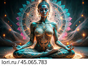 The concept of esoteric spiritual meditation, a woman in the lotus position. Human meditation, spirituality and chakra activation, mystical spirit. Стоковое AI-изображение, AI-художник Photojuli / Фотобанк Лори