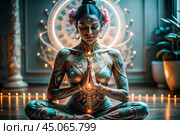 The concept of esoteric spiritual meditation, a woman in the lotus position. Human meditation, spirituality and chakra activation, mystical spirit. Стоковое AI-изображение, AI-художник Photojuli / Фотобанк Лори