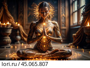 The concept of esoteric spiritual meditation, a woman in the lotus position. Human meditation, spirituality and chakra activation, mystical spirit. Стоковое AI-изображение, AI-художник Photojuli / Фотобанк Лори