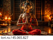 The concept of esoteric spiritual meditation, a woman in the lotus position. Human meditation, spirituality and chakra activation, mystical spirit. Стоковое AI-изображение, AI-художник Photojuli / Фотобанк Лори