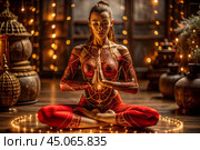 The concept of esoteric spiritual meditation, a woman in the lotus position. Human meditation, spirituality and chakra activation, mystical spirit. Стоковое AI-изображение, AI-художник Photojuli / Фотобанк Лори