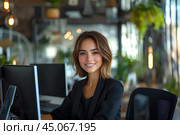Красивая девушка работает в офисе за компьютером. Стоковое AI-изображение, AI-художник Щеголева Ольга / Фотобанк Лори