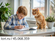 Education and training. A little boy is doing his homework. The student does her schoolwork at home. A red-haired cat is sitting next to me. Стоковое AI-изображение, AI-художник Photojuli / Фотобанк Лори