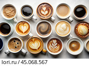 Lots of mugs of different coffee and coffee drinks on a white table. Top view, flat lay. Стоковое AI-изображение, AI-художник Photojuli / Фотобанк Лори