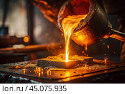 Hard work. Factory, industry, metallurgy. Casting of liquid steel from a ladle during the casting process in a foundry. Metal production. Стоковое AI-изображение, AI-художник Photojuli / Фотобанк Лори
