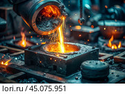 Hard work. Factory, industry, metallurgy. Casting of liquid steel from a ladle during the casting process in a foundry. Metal production. Стоковое AI-изображение, AI-художник Photojuli / Фотобанк Лори