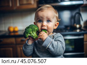 Healthy baby food. The first meal. Feeding the baby. A cute kid tastes broccoli. Fresh vegetables and fruits. Стоковое AI-изображение, AI-художник Photojuli / Фотобанк Лори