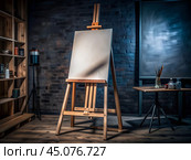 A blank canvas on a wooden easel stands ready in a dimly lit artist’s studio, suggesting creativity, potential, and artistic inspiration. Стоковое AI-изображение, AI-художник Ольга Игнашина / Фотобанк Лори